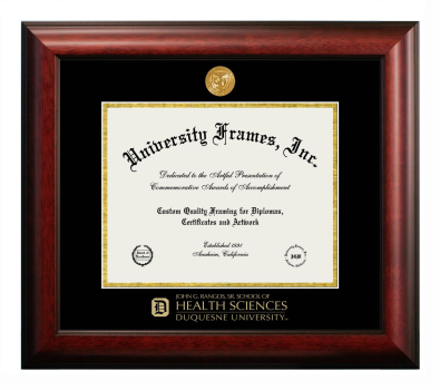 Duquesne University John G. Rangos, Sr. School of Health Sciences Diploma Frame in Satin Mahogany with Black & Gold Mats for document: 8 1/2"h x 11"w  