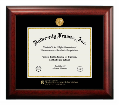 Duquesne University Division of Student Life Student Government Association Diploma Frame in Satin Mahogany with Black & Gold Mats for document: 8 1/2"h x 11"w  