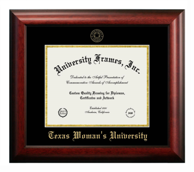 Texas Woman's University Diploma Frame in Satin Mahogany with Black & Gold Mats for document: 8 1/2"h x 11"w  