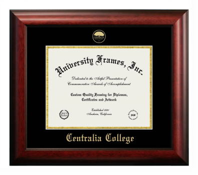 Centralia College Diploma Frame in Satin Mahogany with Black & Gold Mats for document: 8 1/2"h x 11"w  