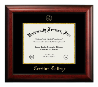 Cerritos College Diploma Frame in Satin Mahogany with Black & Gold Mats for document: 8 1/2"h x 11"w  