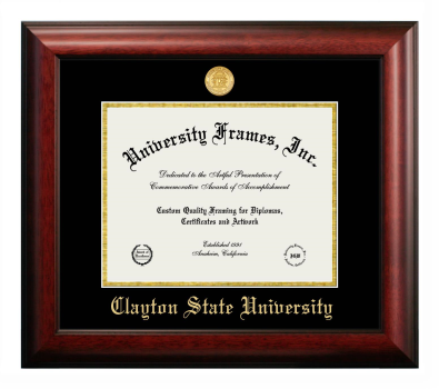 Clayton State University Diploma Frame in Satin Mahogany with Black & Gold Mats for document: 8 1/2"h x 11"w  