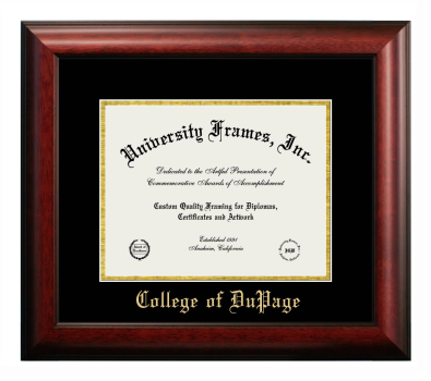 College of DuPage Diploma Frame in Satin Mahogany with Black & Gold Mats for document: 8 1/2"h x 11"w  