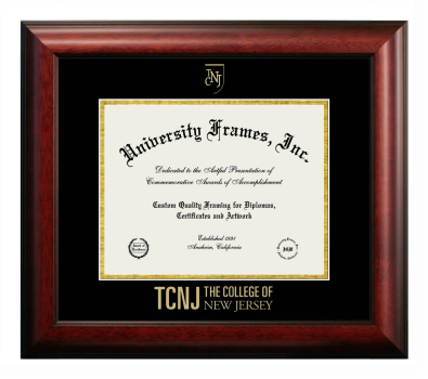 College of New Jersey Diploma Frame in Satin Mahogany with Black & Gold Mats for document: 8 1/2"h x 11"w  