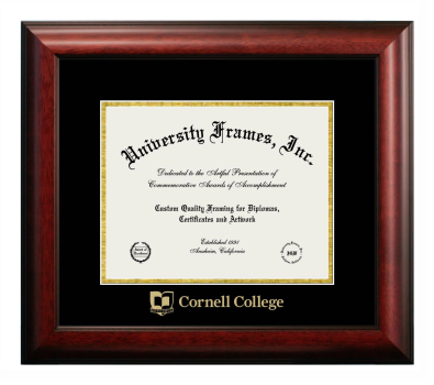 Cornell College Diploma Frame in Satin Mahogany with Black & Gold Mats for document: 8 1/2"h x 11"w  