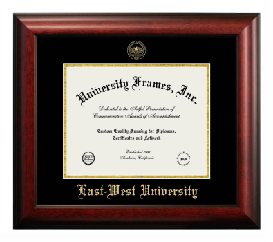East-West University Diploma Frame in Satin Mahogany with Black & Gold Mats for document: 8 1/2"h x 11"w  