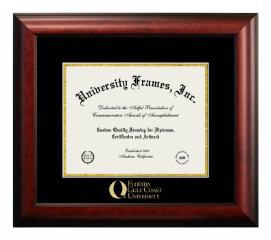 Florida Gulf Coast University Diploma Frame in Satin Mahogany with Black & Gold Mats for document: 8 1/2"h x 11"w  