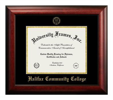 Halifax Community College Diploma Frame in Satin Mahogany with Black & Gold Mats for document: 8 1/2"h x 11"w  