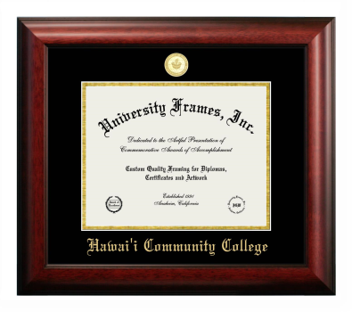 Hawai'i Community College Diploma Frame in Satin Mahogany with Black & Gold Mats for document: 8 1/2"h x 11"w  