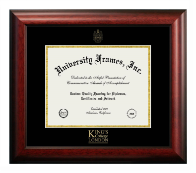 King's College-London Diploma Frame in Satin Mahogany with Black & Gold Mats for document: 8 1/2"h x 11"w  