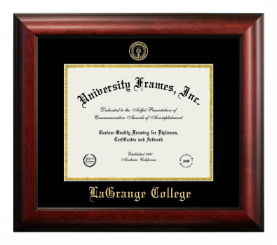 LaGrange College Diploma Frame in Satin Mahogany with Black & Gold Mats for document: 8 1/2"h x 11"w  