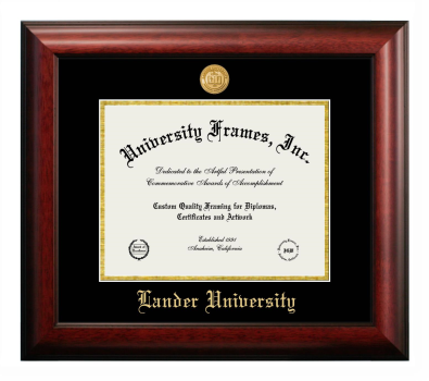 Lander University Diploma Frame in Satin Mahogany with Black & Gold Mats for document: 8 1/2"h x 11"w  