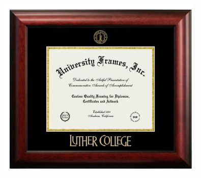Luther College Diploma Frame in Satin Mahogany with Black & Gold Mats for document: 8 1/2"h x 11"w  