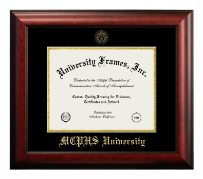 MCPHS (Massachusetts College of Pharmacy and Health Sciences) University Diploma Frame in Satin Mahogany with Black & Gold Mats for document: 8 1/2"h x 11"w  