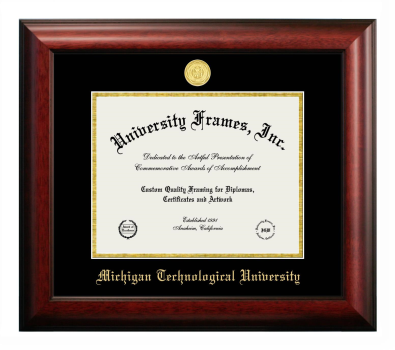 Michigan Technological University Diploma Frame in Satin Mahogany with Black & Gold Mats for document: 8 1/2"h x 11"w  