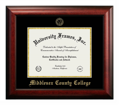 Middlesex County College Diploma Frame in Satin Mahogany with Black & Gold Mats for document: 8 1/2"h x 11"w  