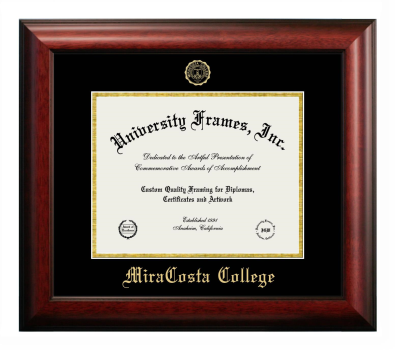 MiraCosta College Diploma Frame in Satin Mahogany with Black & Gold Mats for document: 8 1/2"h x 11"w  
