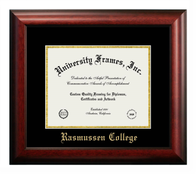 Rasmussen College (St. Cloud) Diploma Frame in Satin Mahogany with Black & Gold Mats for document: 8 1/2"h x 11"w  