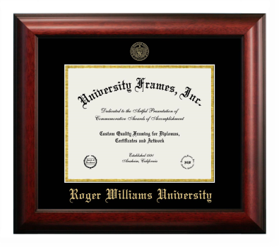 Roger Williams University Diploma Frame in Satin Mahogany with Black & Gold Mats for document: 8 1/2"h x 11"w  