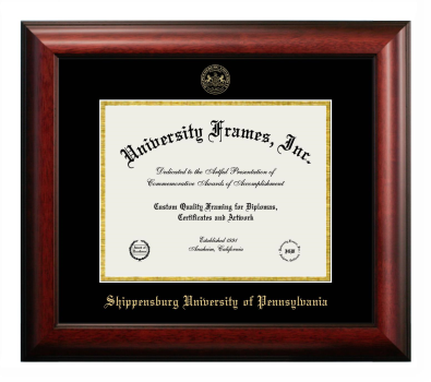 Shippensburg University of Pennsylvania Diploma Frame in Satin Mahogany with Black & Gold Mats for document: 8 1/2"h x 11"w  
