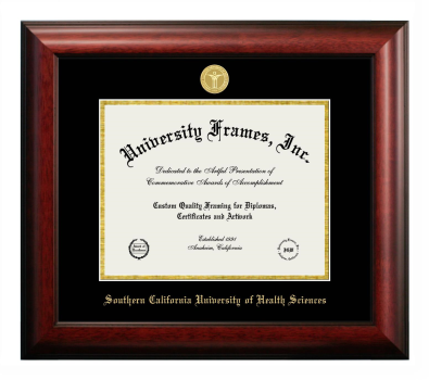 Southern California University of Health Sciences Diploma Frame in Satin Mahogany with Black & Gold Mats for document: 8 1/2"h x 11"w  