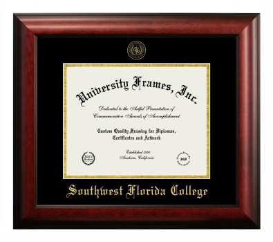 Southwest Florida College Diploma Frame in Satin Mahogany with Black & Gold Mats for document: 8 1/2"h x 11"w  