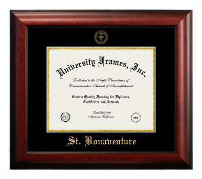 St. Bonaventure University Diploma Frame in Satin Mahogany with Black & Gold Mats for document: 8 1/2"h x 11"w  