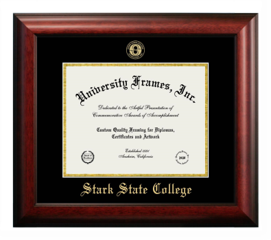 Stark State College Diploma Frame in Satin Mahogany with Black & Gold Mats for document: 8 1/2"h x 11"w  