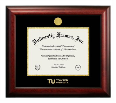 Towson University Diploma Frame in Satin Mahogany with Black & Gold Mats for document: 8 1/2"h x 11"w  