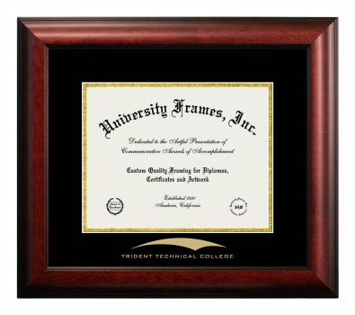 Trident Technical College Diploma Frame in Satin Mahogany with Black & Gold Mats for document: 8 1/2"h x 11"w  