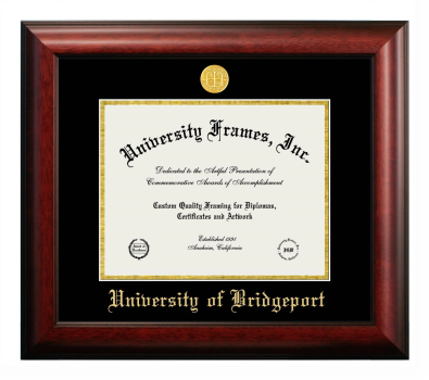 University of Bridgeport Diploma Frame in Satin Mahogany with Black & Gold Mats for document: 8 1/2"h x 11"w  