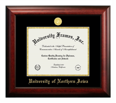 University of Northern Iowa Diploma Frame in Satin Mahogany with Black & Gold Mats for document: 8 1/2"h x 11"w  