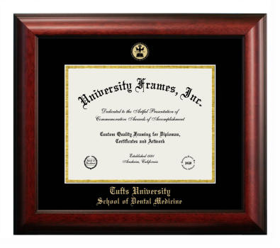 Tufts University School of Dental Medicine Diploma Frame in Satin Mahogany with Black & Gold Mats for document: 8 1/2"h x 11"w  