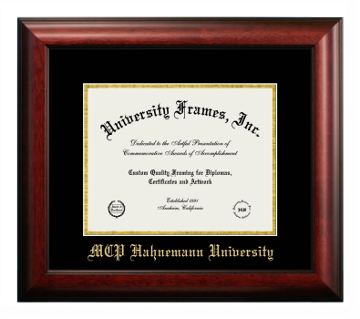 MCP Hahnemann University Diploma Frame in Satin Mahogany with Black & Gold Mats for document: 8 1/2"h x 11"w  