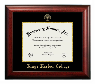 Grays Harbor College Diploma Frame in Satin Mahogany with Black & Gold Mats for document: 8 1/2"h x 11"w  