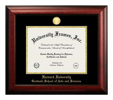 Harvard University Graduate School of Arts and Sciences Diploma Frame in Satin Mahogany with Black & Gold Mats for document: 8 1/2"h x 11"w  