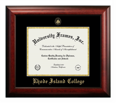 Rhode Island College Diploma Frame in Satin Mahogany with Black & Gold Mats for document: 8 1/2"h x 11"w  