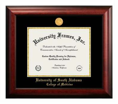 University of South Alabama College of Medicine Diploma Frame in Satin Mahogany with Black & Gold Mats for document: 8 1/2"h x 11"w  