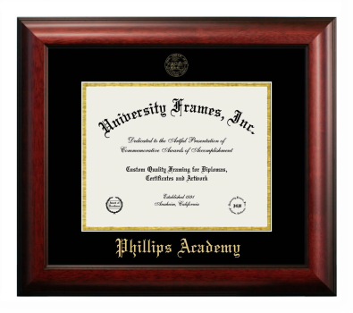 Phillips Academy Diploma Frame in Satin Mahogany with Black & Gold Mats for document: 8 1/2"h x 11"w  