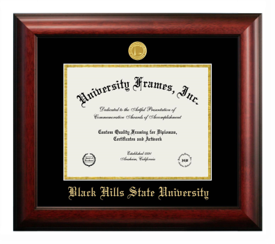 Black Hills State University Diploma Frame in Satin Mahogany with Black & Gold Mats for document: 8 1/2"h x 11"w  