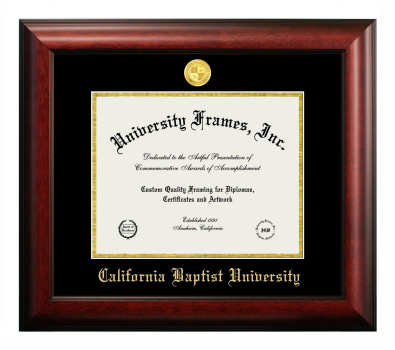 California Baptist University Diploma Frame in Satin Mahogany with Black & Gold Mats for document: 8 1/2"h x 11"w  