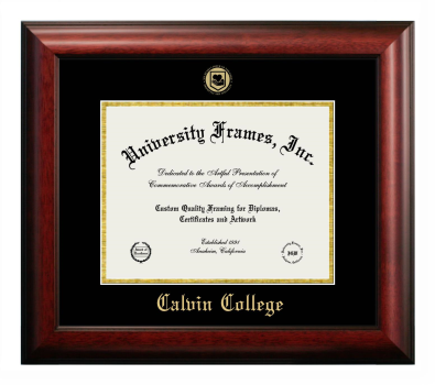 Calvin College Diploma Frame in Satin Mahogany with Black & Gold Mats for document: 8 1/2"h x 11"w  