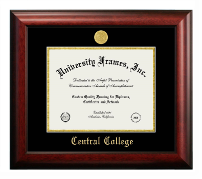 Central College Diploma Frame in Satin Mahogany with Black & Gold Mats for document: 8 1/2"h x 11"w  