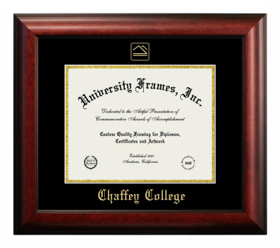 Chaffey College Diploma Frame in Satin Mahogany with Black & Gold Mats for document: 8 1/2"h x 11"w  