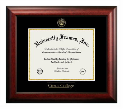 Citrus College Diploma Frame in Satin Mahogany with Black & Gold Mats for document: 8 1/2"h x 11"w  