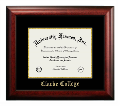 Clarke College Diploma Frame in Satin Mahogany with Black & Gold Mats for document: 8 1/2"h x 11"w  
