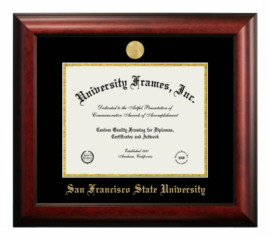 San Francisco State University Diploma Frame in Satin Mahogany with Black & Gold Mats for document: 8 1/2"h x 11"w  