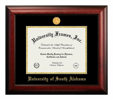 University of South Alabama Diploma Frame in Satin Mahogany with Black & Gold Mats for document: 8 1/2"h x 11"w  