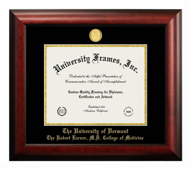 University of Vermont The Robert Larner, M.D. College of Medicine Diploma Frame in Satin Mahogany with Black & Gold Mats for document: 8 1/2"h x 11"w  