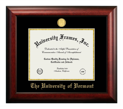 University of Vermont Diploma Frame in Satin Mahogany with Black & Gold Mats for document: 8 1/2"h x 11"w  